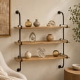 thumbnail image 4 of DecMode Natral Wood Industrial 3-Tier Wall Shelf, 38"W x 9"H, Features 2 Side Brown Oval Shaped Metal Bars with Decorative Top and Bottom Mounting, 4 of 14