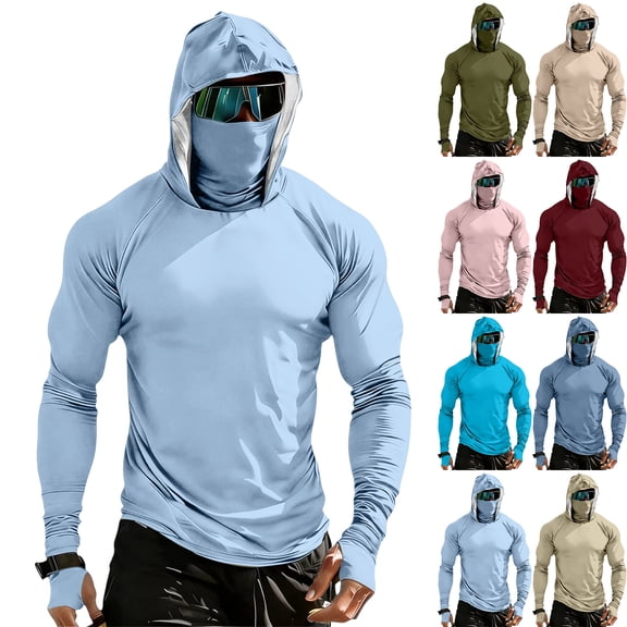 Men's Full Face Coverage Sun Shirt with Built-in Mask and Thumbholes Featuring Raglan Sleeves for Summer Fishing Hiking Cycling Running Beach Trips Army Green L
