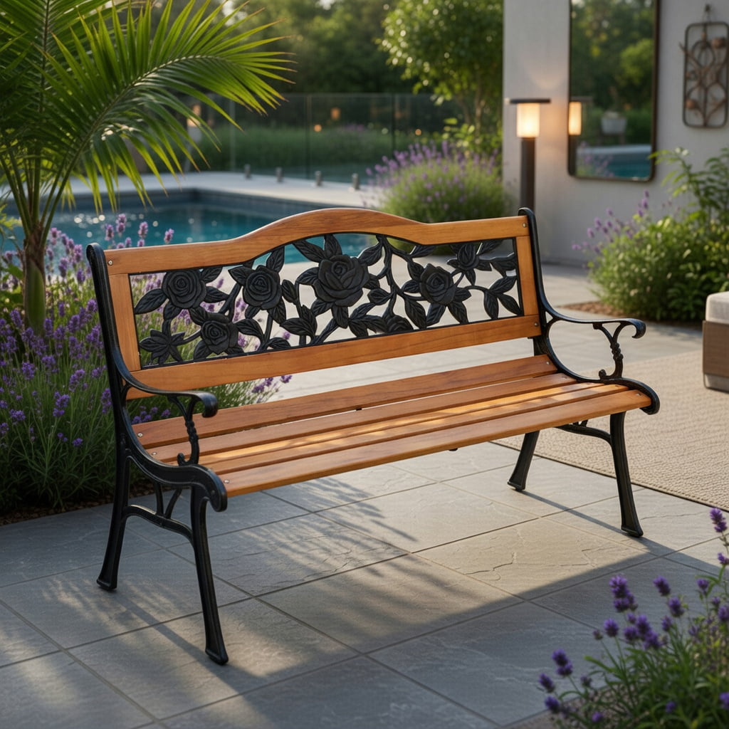 Hommoo Outdoor Wooden Garden Bench Loveseat with Powder-Coated Iron Frame, Heavy, Rust-Resistant, Easy Assembly, Black + Natural