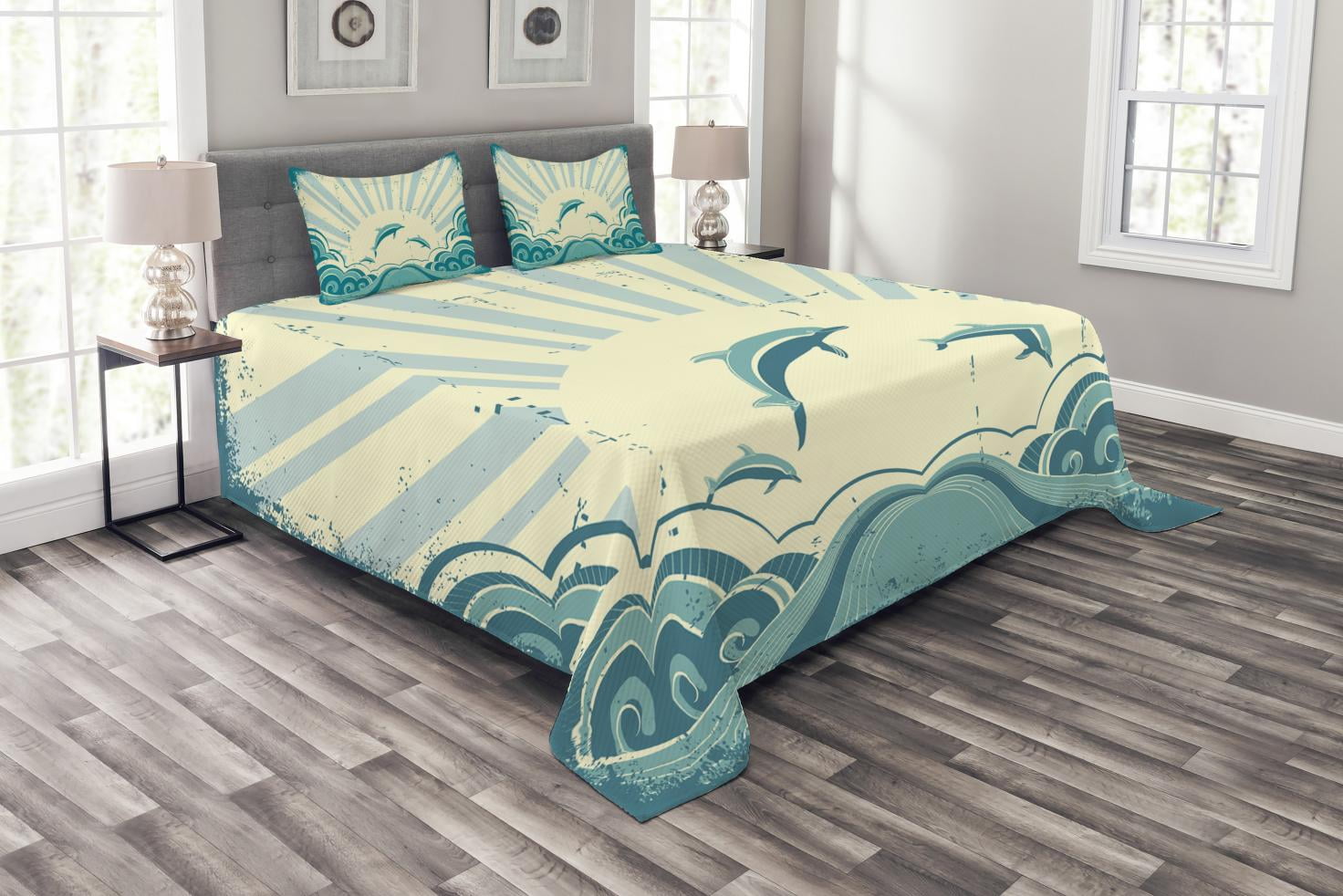 Dolphin Bedspread Set Queen Size, Nautical Inspirations in Dolphins