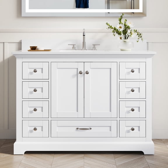 ANGELES HOME 48" White Bathroom Vanity with cUPC Undermount Basin, Solid Wood, Cultured Marble Top, 2 Doors 9 Drawers, Freestanding Soft-Close Bath Cabinet, No Faucet