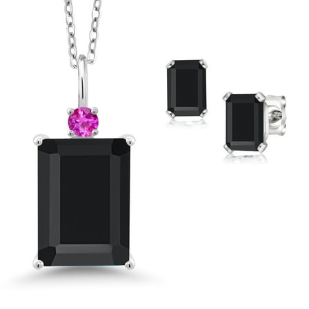 Gem Stone King 925 Sterling Silver Black Onyx and Pink Sapphire Pendant Necklace Earrings Set for Women (7.85 Cttw, Gemstone December Birthstone, Emerald Cut 14X10MM and 6X4MM, with 18 inch Chain)