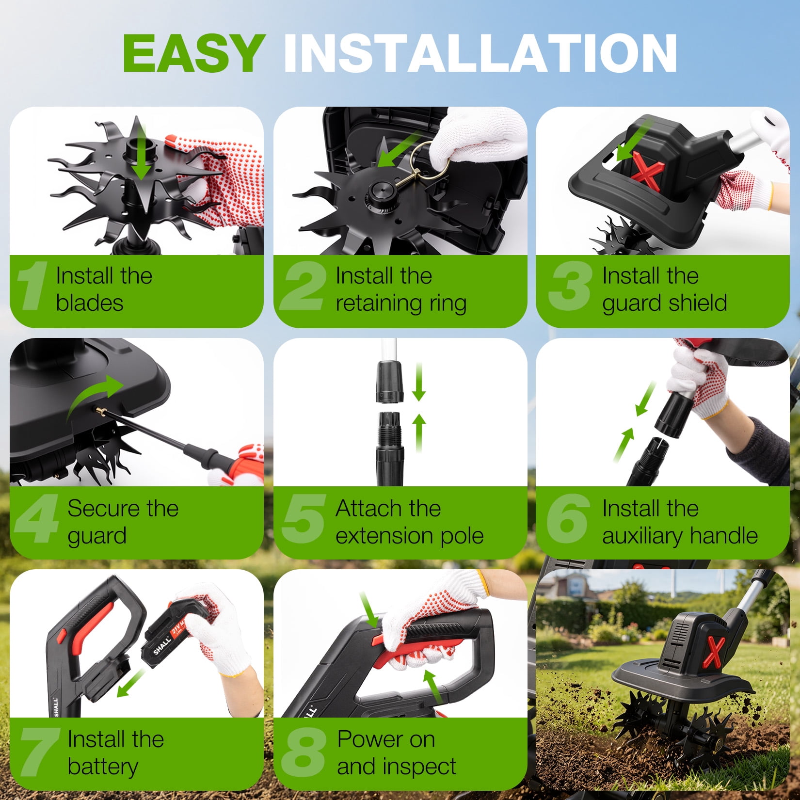 SHALL 21V Cordless Tiller Cultivator, 360RPM Electric Garden Tiller with 2 * 2.0Ah Batteries & Fast Charger, 8" Width and 6" Depth Garden Rototiller for Lawn, Gardening, Soil Cultivation