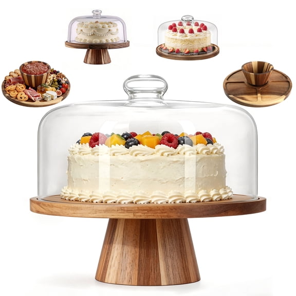 punada Acacia Wood Cake Stand with Lid, 11" Round Cake Stand with Acrylic Dome, 2-in-1 Dessert Display for Cake, Cheese, Chips, Fruit & Snacks