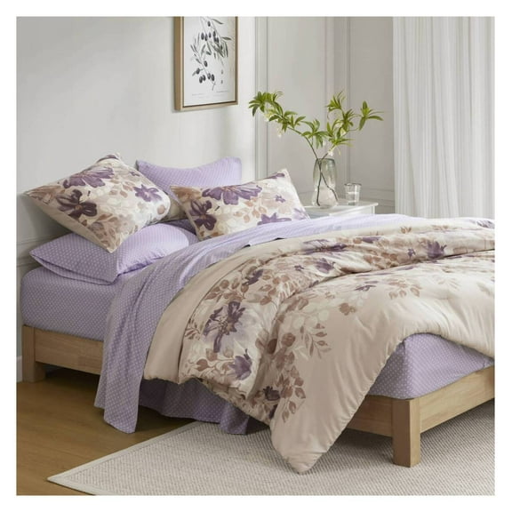 Floral Comforter Set Full - 8 Piece Bed in a Bag with Sheets Taupe