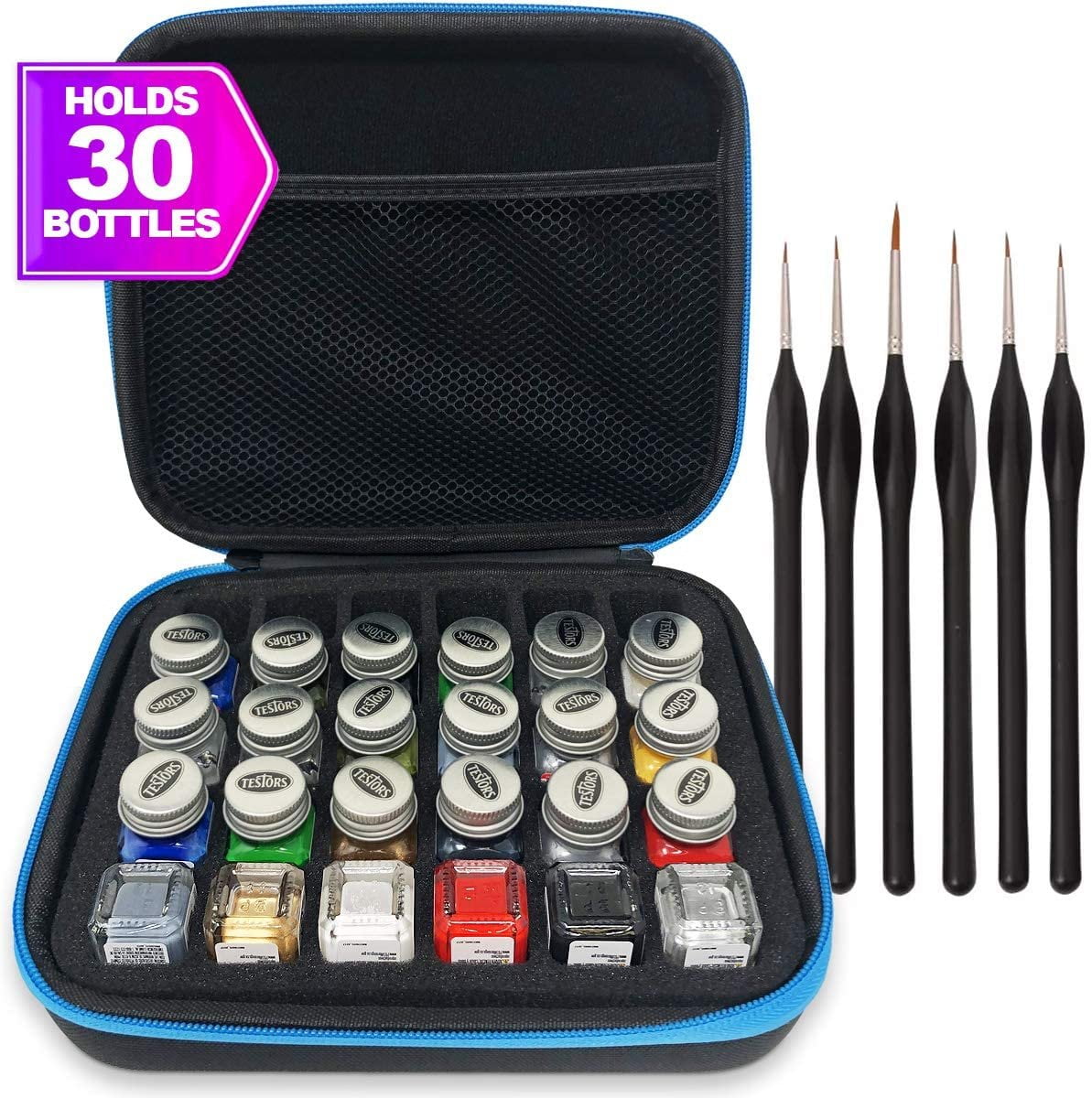 Holds 30 Bottles with 6 Fine Detail Miniatures Paint Brushes Paint Not Included Pixiss Model Paint Storage Case for Testors Paints