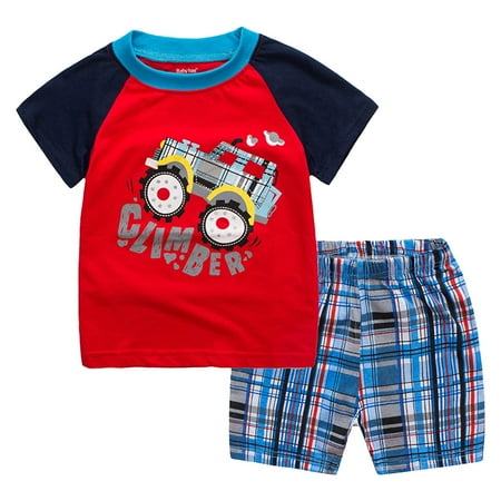 

Hbdhejl Toddler Boys Girls Shirts Kids Baby Cartoon Dinosaur T Shirt Grid Shorts Outfits Red 12-24 Months