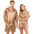 thumbnail image 1 of Resicozy Satin Matching Pajamas Sets Couple Silk Button Nightwear Women & Men Short Sleeve Sleepwear 2 Pieces Loungewear Khaki 4XL, 1 of 6