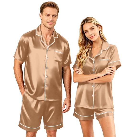 Resicozy Satin Matching Pajamas Sets Couple Silk Button Nightwear Women & Men Short Sleeve Sleepwear 2 Pieces Loungewear Khaki 4XL