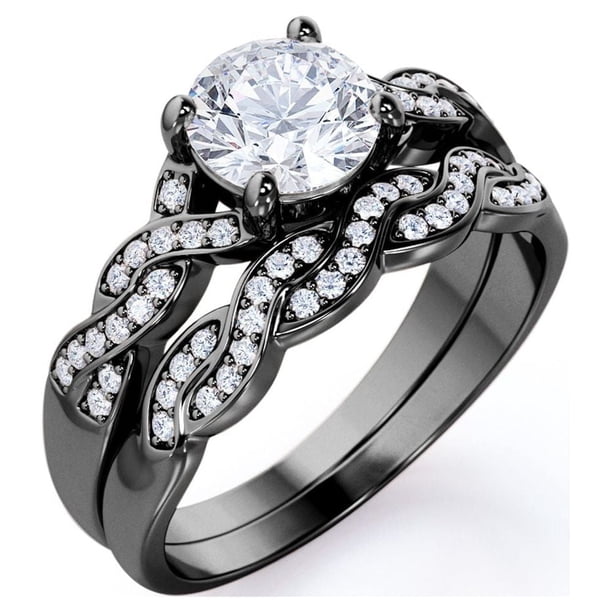 JeenMata Conjunto Nupcial de Moissanita de Corte Redondo de 1,25 Quilates - Conjunto Nupcial - Anillo Infinito - Anillo para Siempre - Anillo de Promesa - Oro Negro de 18 K sobre Plata