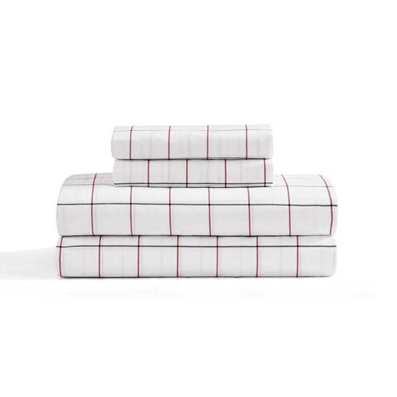 Glasgow Windowpane 4-Piece White/Dark Blue/Red Cotton Full Sheet Set