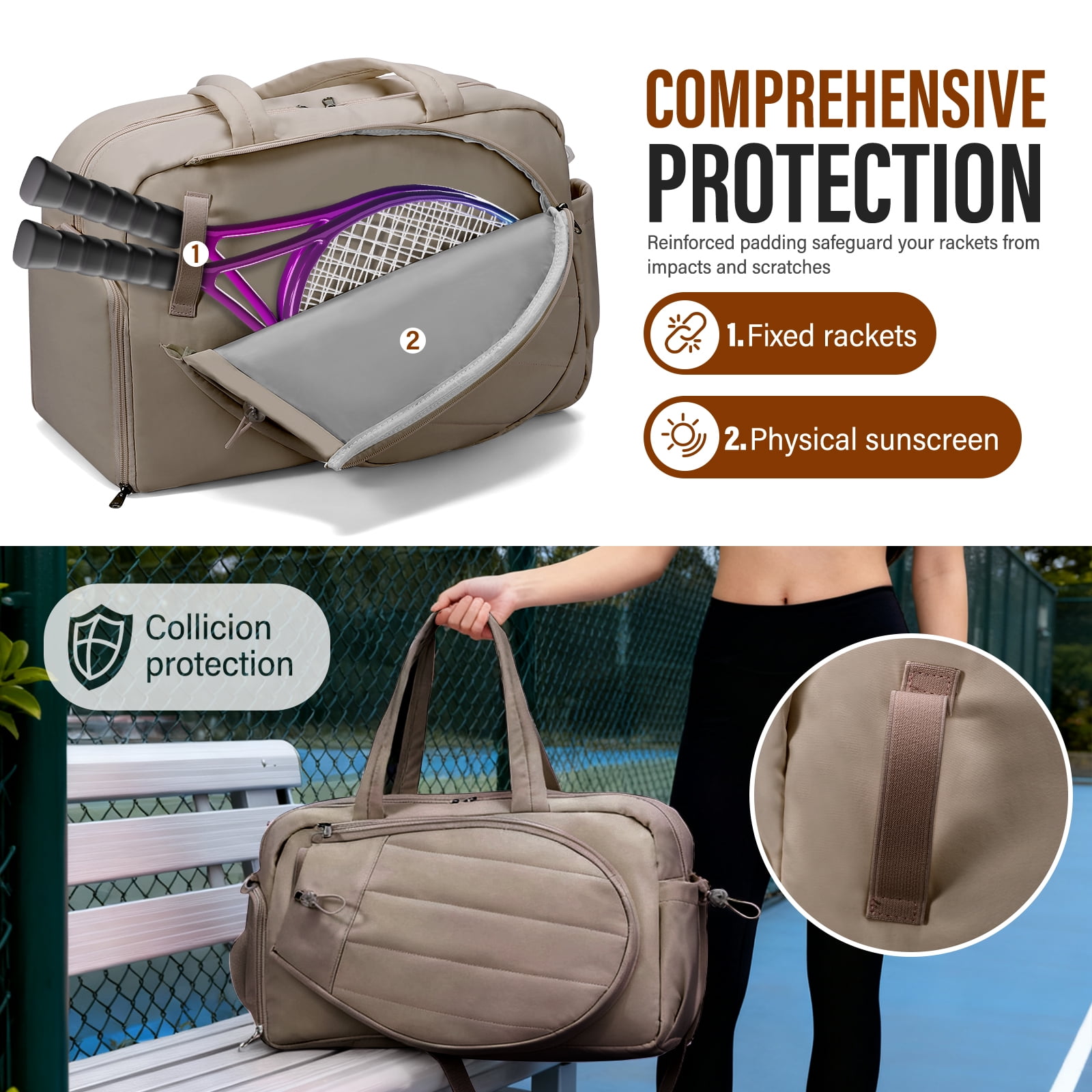 Gocvo Womens Tennis Bag with Shoe Compartment, Versatile Lightweight Tennis Racket Bag, Sports Bag for Tennis Pickleball Badminton (Camel)