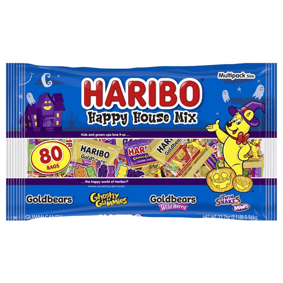 HARIBO Happy House Mix Halloween Gummy Candy Mini Pouches, 80ct, 33.4oz Laydown Bag