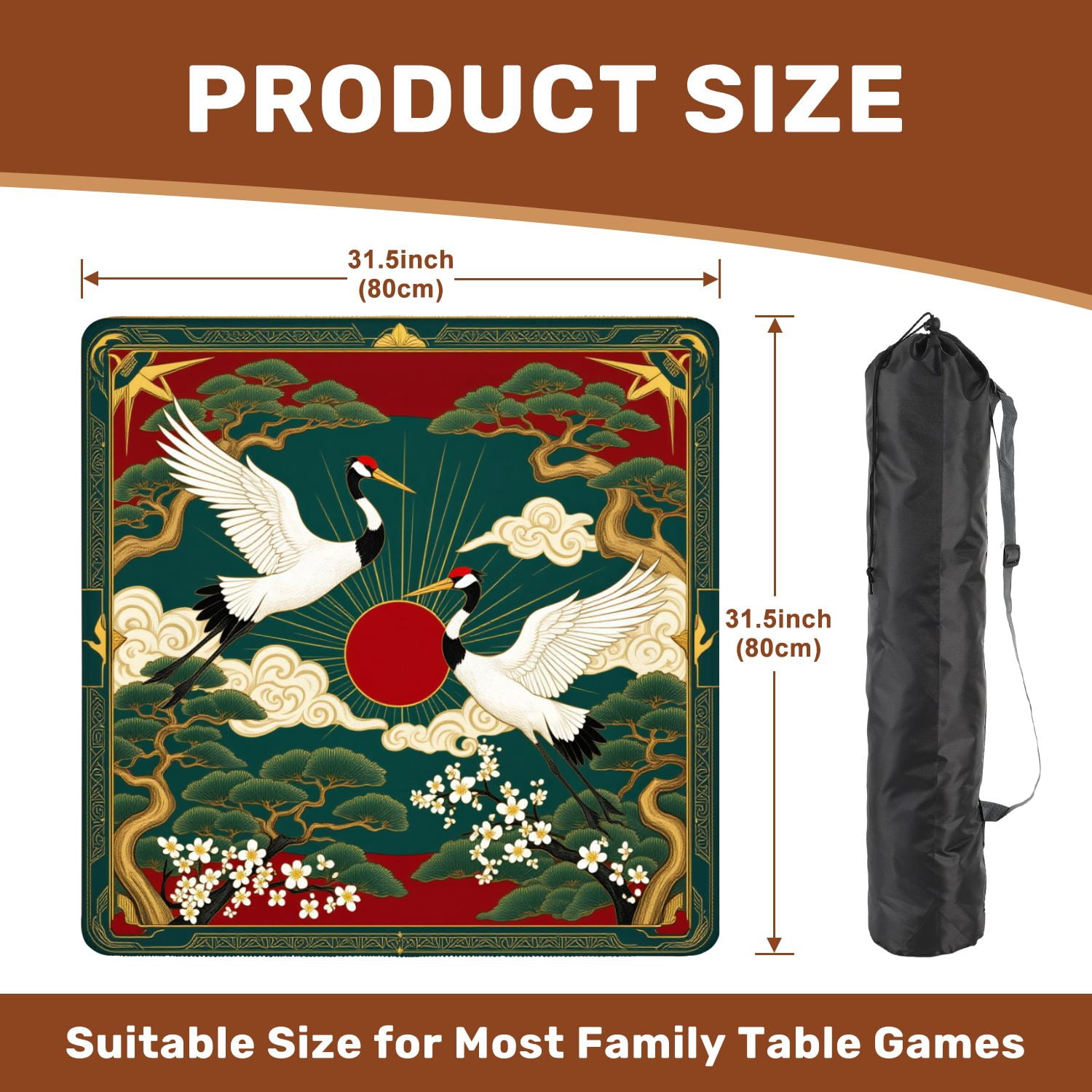 Mahjong Mat 31.5" x 31.5" Elegant Pair Cranes Red Sun Pine Trees Blossoms Traditional Asian Non-Slip Noise Reduction American Mahjong Tiles Table Cover for Dominoes Poker Card Board Games Gift