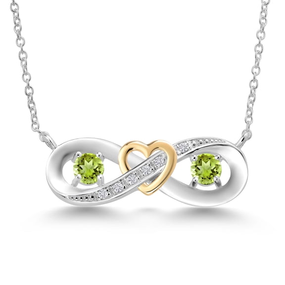 Gem Stone King 0.66 Ct Round Green Peridot 925 Silver and 10K Yellow Gold Two-Tone Heart Interlocking Infinity Symbol Lab Grown Diamond Pendant Necklace for Women with 18 inch Chain