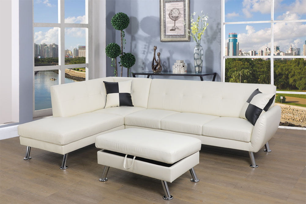 Ponliving Furniture Maghin 104 White, White Leather Modular Sofa