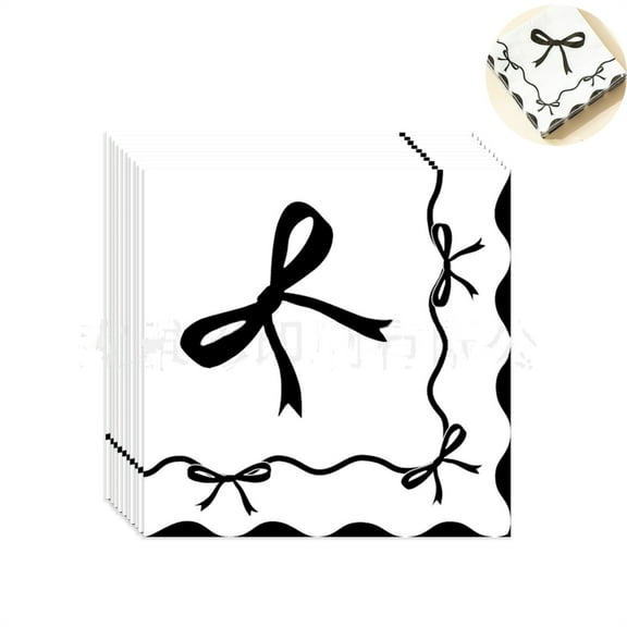 Scheam 40 Pcs Black Bow Tissue Paper Cocktail Scalloped Edges Napkins Disposable Cute Bowknot Dinner Napkins for Birthday Wedding Bridal Engagement Bachelorette Party Decorations