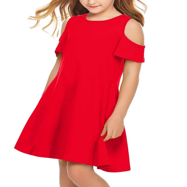 Oudiya Girls Swing Dress Summer Solid Off Shoulder Short Sleeve with Pockets Red for 7-8Y