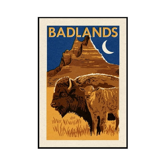 Badlands National Park - Woodblock - Lantern Press Artwork (16x24 Framed Gallery Wrapped Stretched Canvas)
