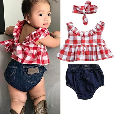 

IZhansean Summer Newborn Baby Girls 3Pcs Outfits Dress Tops+Denim Pants+Headband Clothes Red 12-18 Months