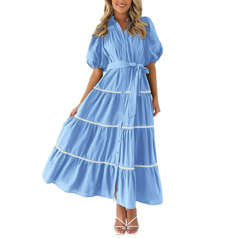 Riforla Women's Summer Button Down Shirt Dress Short Puffy Sleeve Tiered  Ruffle Flowy Long Maxi Dresses BU2 XXL - Walmart.com
