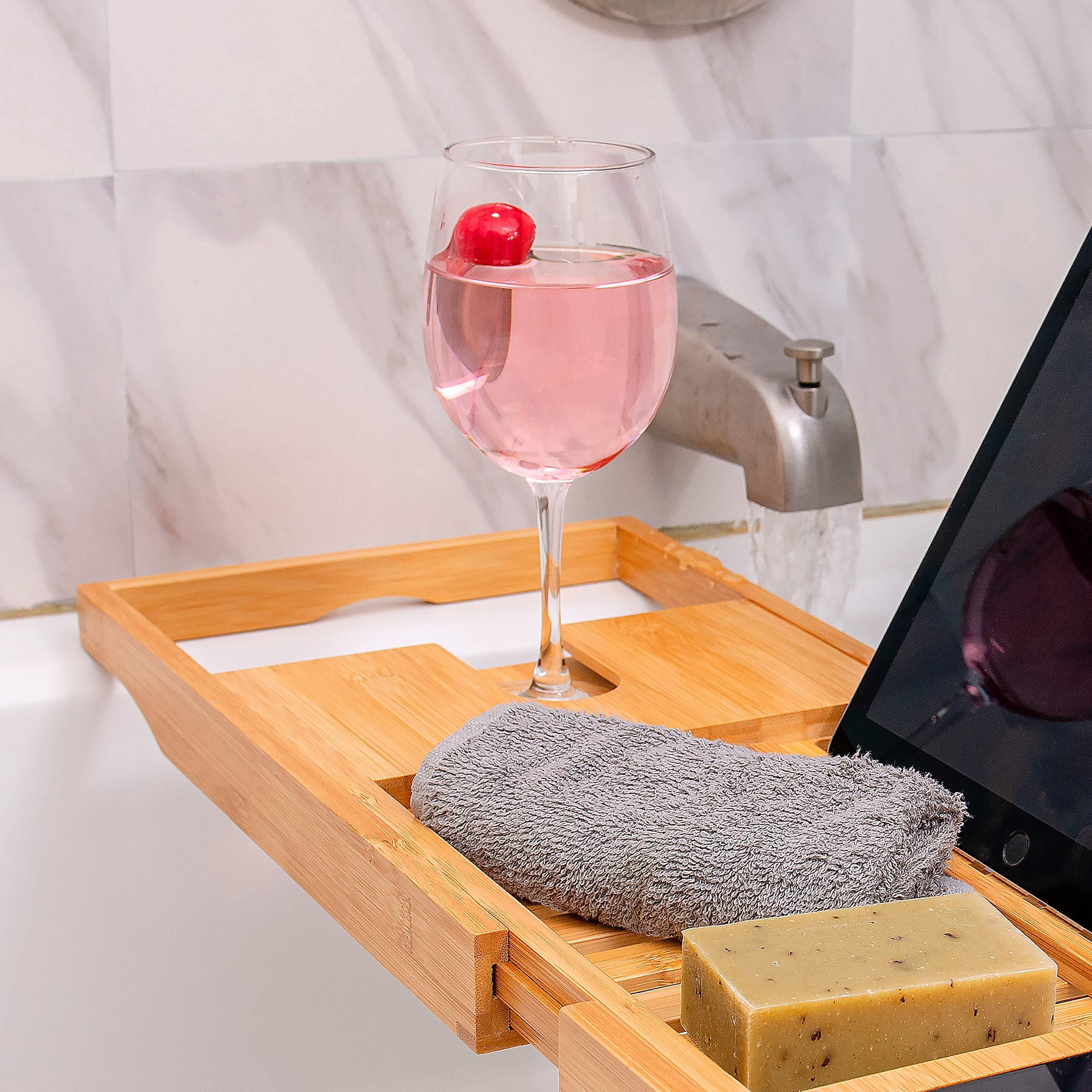 Casafield Bamboo Bathtub Caddy - Luxury Expandable Bath Tray - Adjustable Tub Organizer Holder for Tablet, Book, Phone, Wine Glass, Candles, and Soap