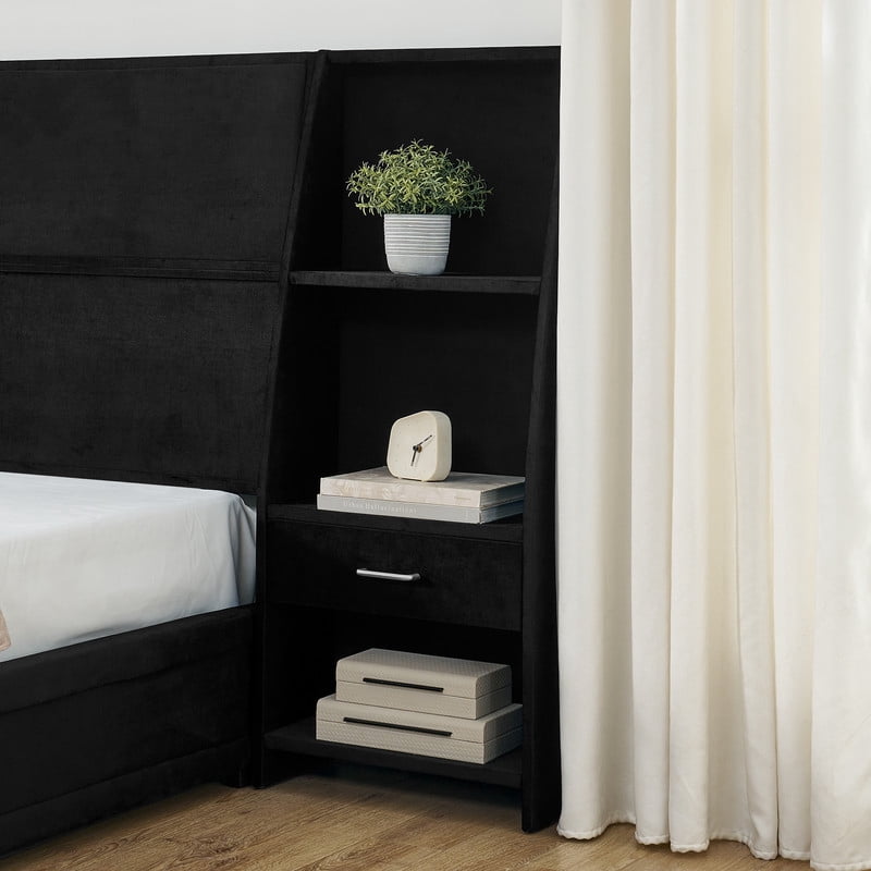Queen/King Size Modern Upholstered Platform Bed Frame, Velvet Storage Bed with Headboard, Side Bookcases & Drawers Nightstand