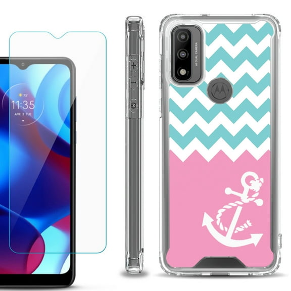 Shockproof Bumper Phone Case for Motorola Moto G Pure, with Tempered Glass Screen Protector, by OneToughShield ® - Chevron/Anchor