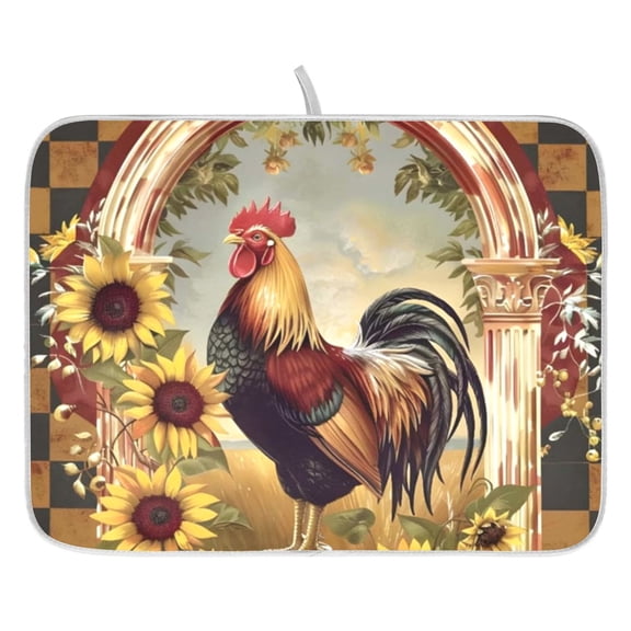 Dish Drying Mat for Kitchen Counter 16x18/18x24 Vintage Sunflower Rooster Absorbent Coffee Bar Mat Dish Drainer Rack Mat for Kitchen Counter
