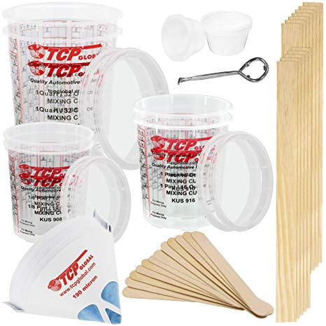 TCP GLOBAL Premium Paint Mixing Essentials Kit. Comes with 12 Mixing Cups, 6 Lids, 12 Wooden 12' Mixing Sticks, 12 Wooden Mini Mixing Paddles, 12 HQ 190 Mesh Paint Strainers & Paint Can Opener
