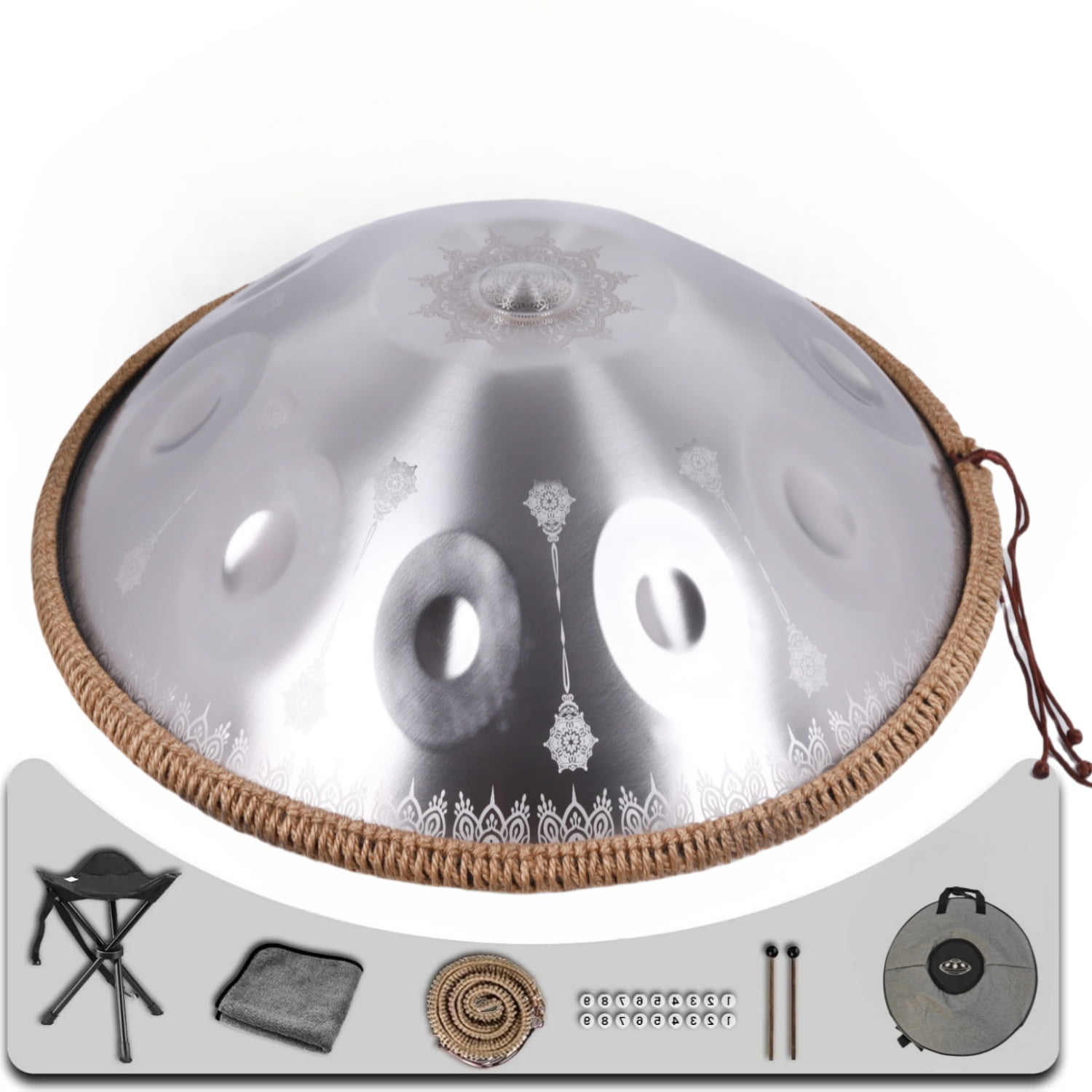 440HZ Tambourine Steel Drum in D Minor 22Inch Silver 10 Notes Mandala Handpan Percussion Drum with Soft HandPan Bag