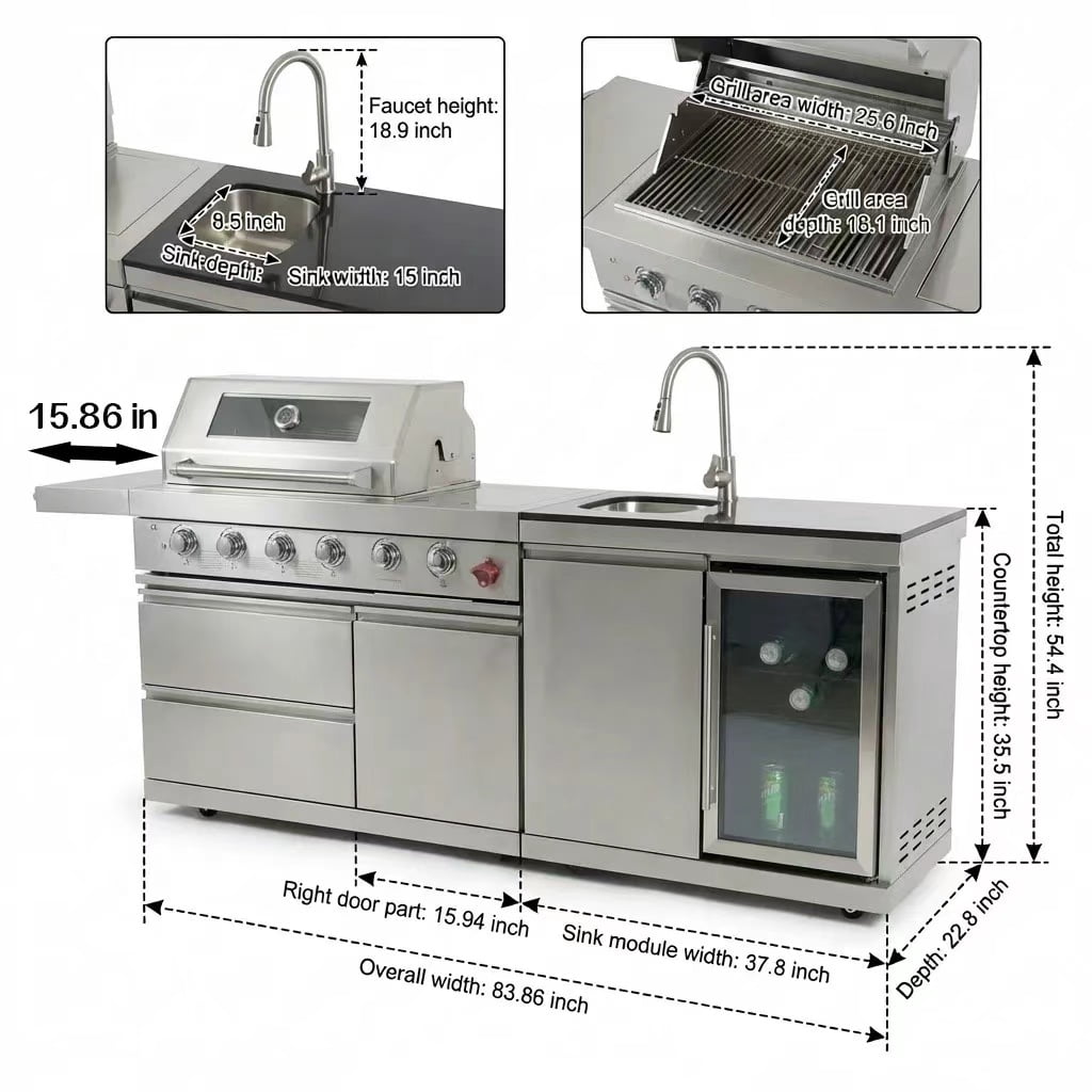 Outdoor Kitchen Sink & Fridge Combo, 70L Stainless Steel Refrigerator with Pull-Down Faucet, Black Granite Countertop, Modular BBQ Island Cleaning Station