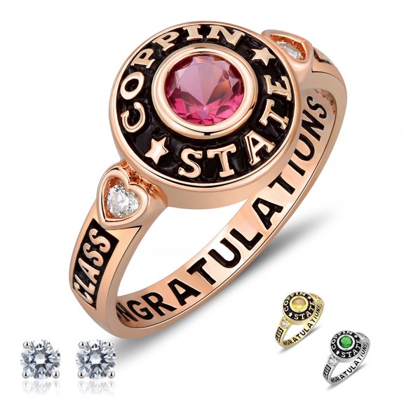 Fully Personalized Customized Sterling Silver Ladies High School Class rings and College Class Ring cubic zirconia Birthstone graduation gifts-Ccjcinata (Sterling Silver - Rose Gold Plated)