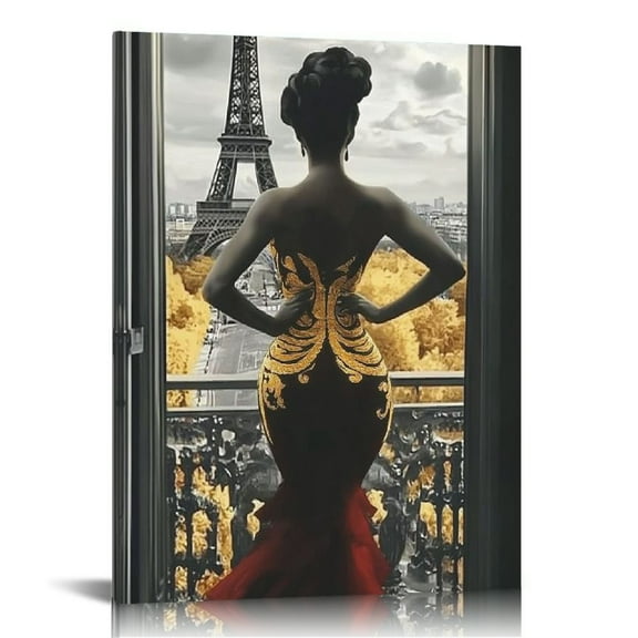 African American Wall Art Paris Black Girl Modern Painting Canvas Prints Black And Gold Wall Art Bedroom Living Room Bathroom Decor Artwork 12 * inch