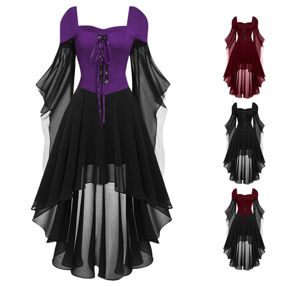 Women's Hooded Dress with Lace-Up Bodice and Bell Sleeves