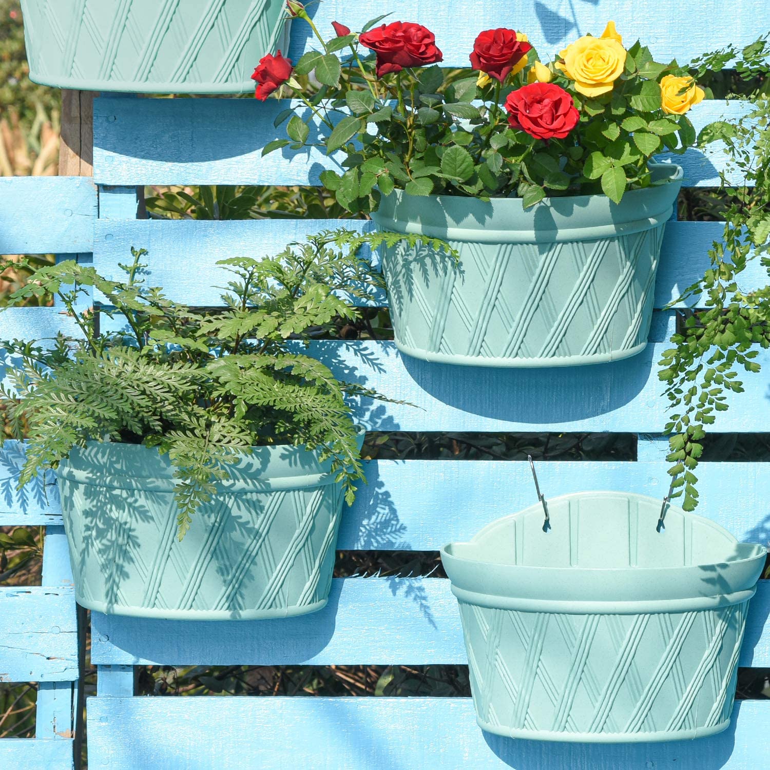Sungmor Quality Plastic Wall Hanging Planter - Semicircle & 3PC Pack & Green - Indoor Outdoor Home Garden Balcony Railing Fence Hanging Pots - Wall Mounted Planting Pot Plants Container