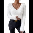 thumbnail image 3 of Suéter Corto de Larga con Cuello en V para Mujer, Informal, Liso, Ajustado, Cálido, de Punto S, 3 of 9