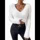 thumbnail image 3 of Suéter Corto de Larga con Cuello en V para Mujer, Informal, Liso, Ajustado, Cálido, de Punto L, 3 of 9