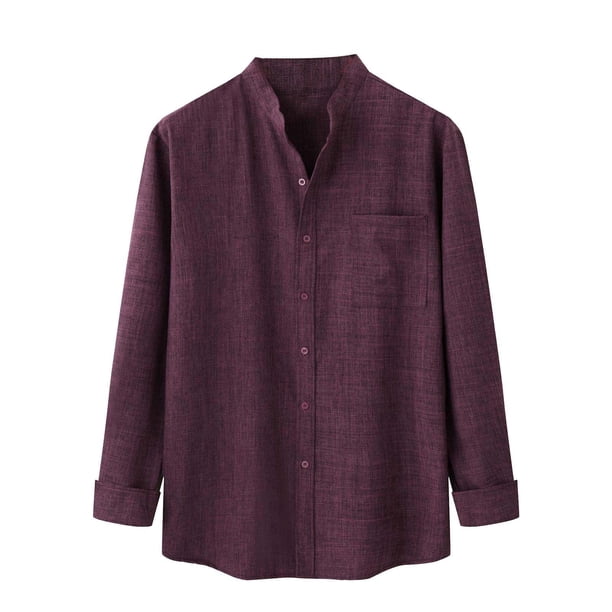 Tops de Otoño Para Hombre, Camisa de Lino Y Algodón de Color Sólido de Manga Larga Con Cuello Levantado de Invierno A La Moda Odeerbi ODB181751