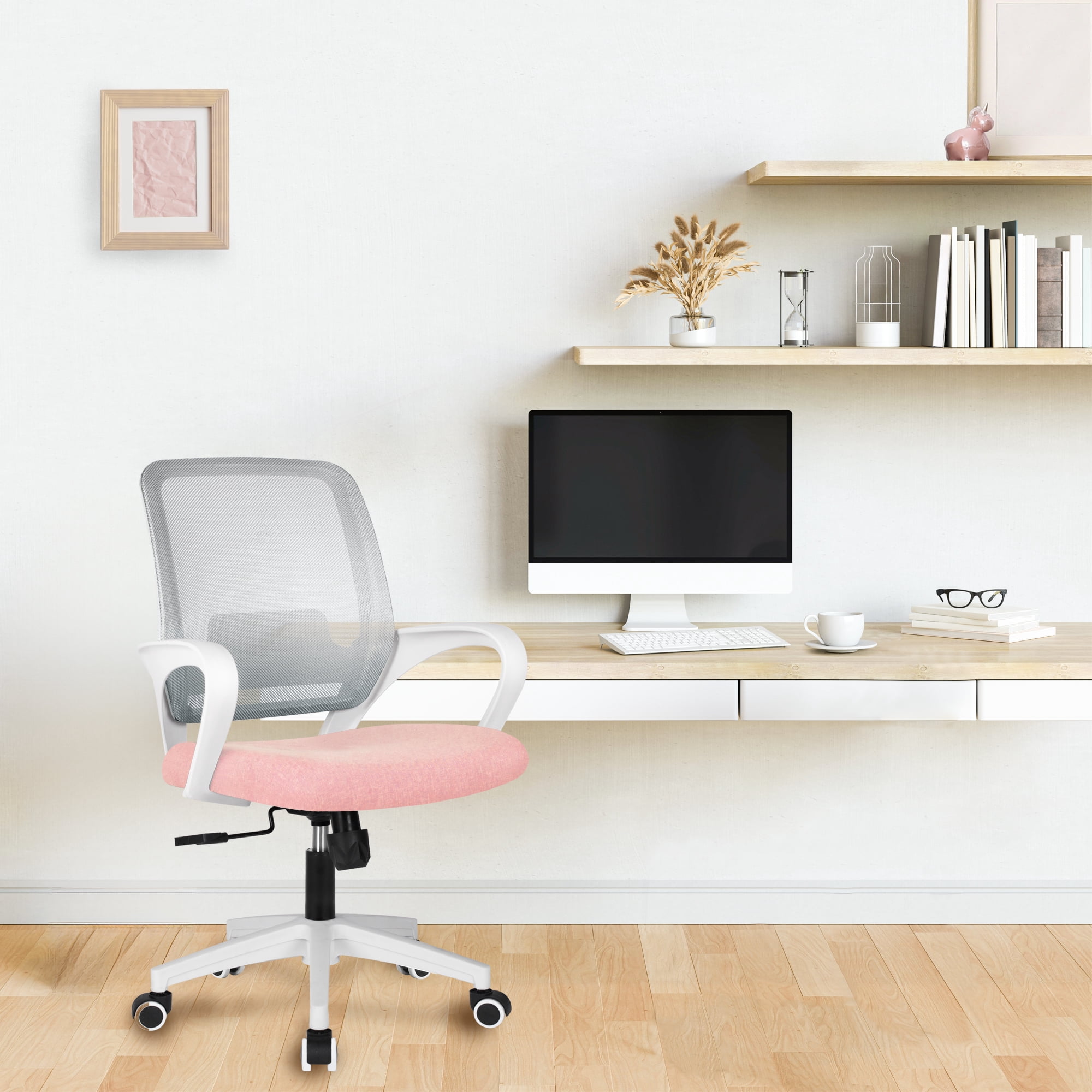 NEO CHAIR Ergonomic Office Chair, Lumbar Support Mid Back, Mesh Home Office Computer Desk Chair with Armrests, Pastel Pink