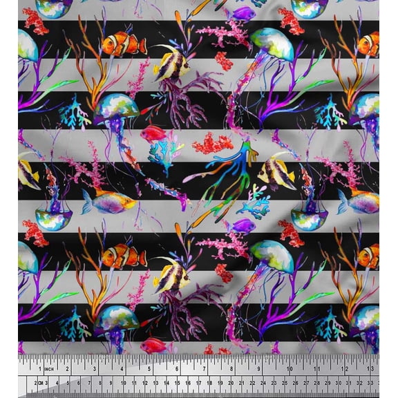 Soimoi Cotton Duck Fabric Stripe,Coral & Jellyfish Ocean Print Fabric by The Yard 42 Inch Wide