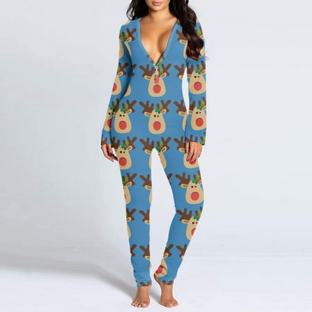 

Womens suit Womens Fashion Jumpsuit Printed Functional Button Flap Adult Long Sleeve Pajamas Fragarn