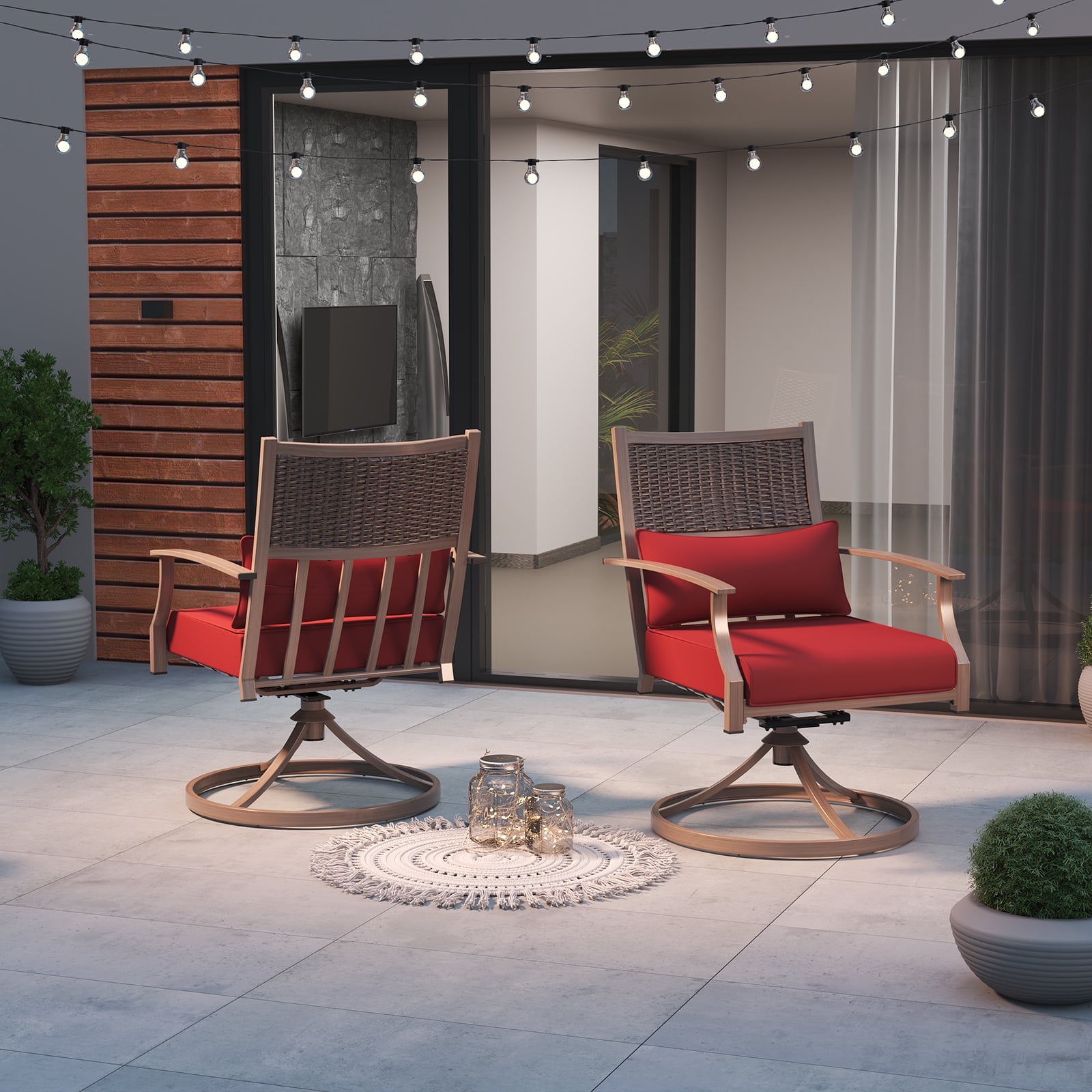 Poteban Patio Swivel Chairs Set of 2, Outdoor Dining Chairs with Deep Seat Cushion, All Weather Swivel Rocker Chairs with Hand-Painted Metal Frame, for Backyard Deck Lawn (Red)
