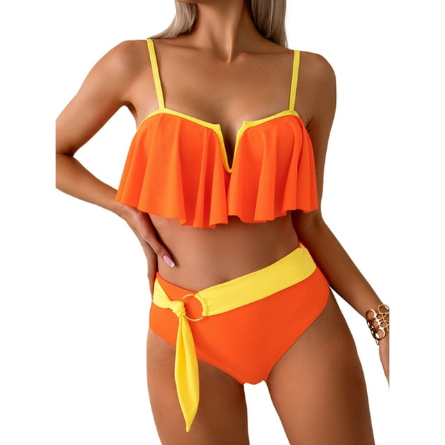 SUNSIOM Mommy and Me Swimsuit, Contrast Color Leaves Print Ruffled Bra with Briefs Family Matching Swimsuit 2-piece Summer Bikini Set