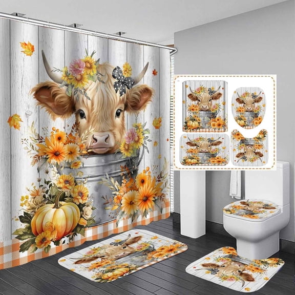 4PCS Boho Rainbow Fall Shower Curtain Set, Waterproof Fabric White Shower Curtain, Non-Slip Bath Mat Bathroom Rugs, Autumn Pumpkin Floral Plant Harvest Thanksgiving Girls Kids Bathroom Decor