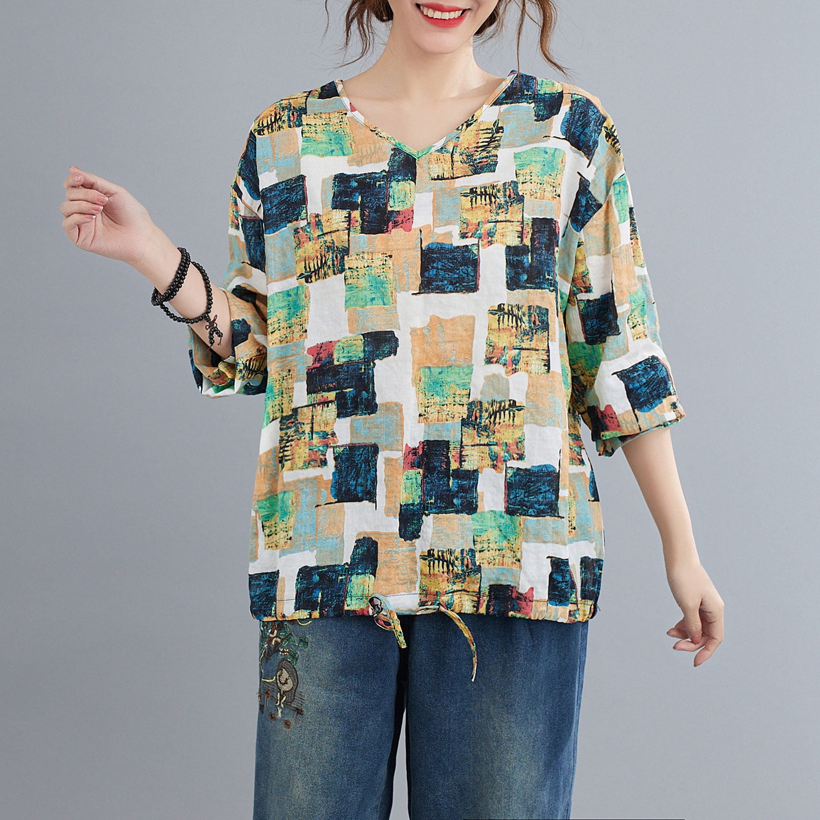 Women Loose Blouse Floral Print VNeck Long Sleeve Drawstring Hem