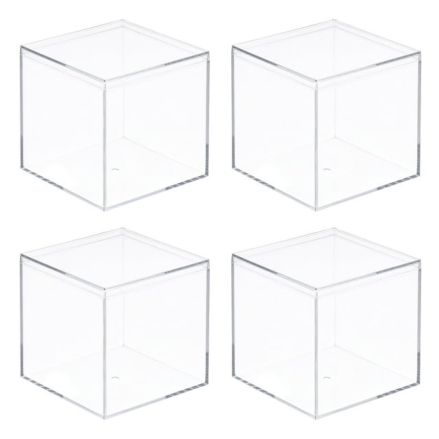 Uxcell 4Pcs Caja de Almacenamiento de Plástico Acrílico Transparente Cuadrada con Tapa para Pequeños Artículos 2.76x2.76x2.76"