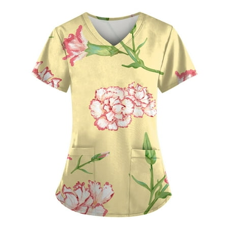 

TKing Fashion Independence Day Women Plus Size Scrubs Top V-Neck Short Sleeve Printed Pockets Work Blouse for Women Beige M