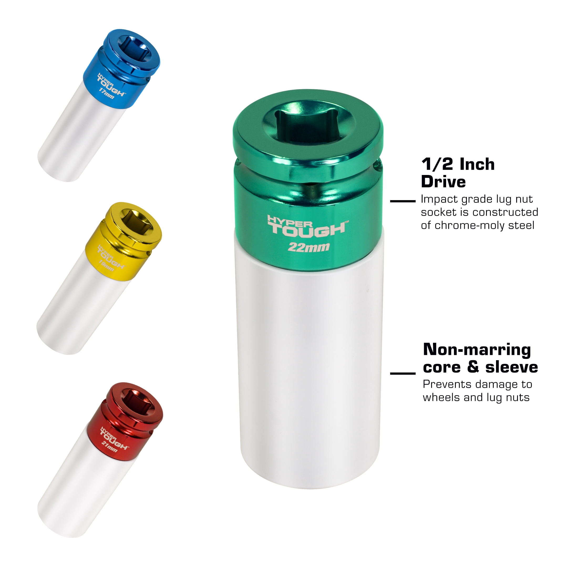 4 Piece Non-Marring Lug Nut Socket Set, Includes 17mm, 19mm, 21mm, and 22mm Sockets