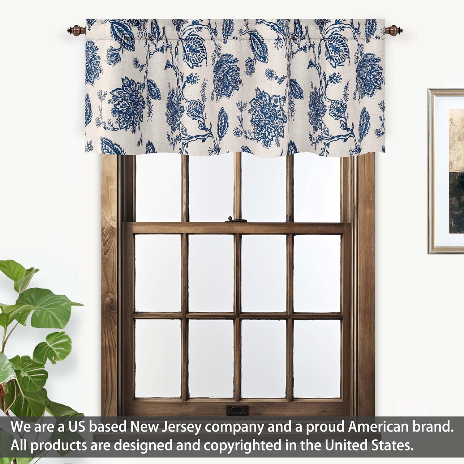 DriftAway Freda Jacobean Floral Linen Blend Blackout Thermal Insulated Energy Saving Privacy Window Curtain Valance Rod Pocket 2 Layers Single 50 Inch by 18 Inch plus 2 Inch Header Navy Beige